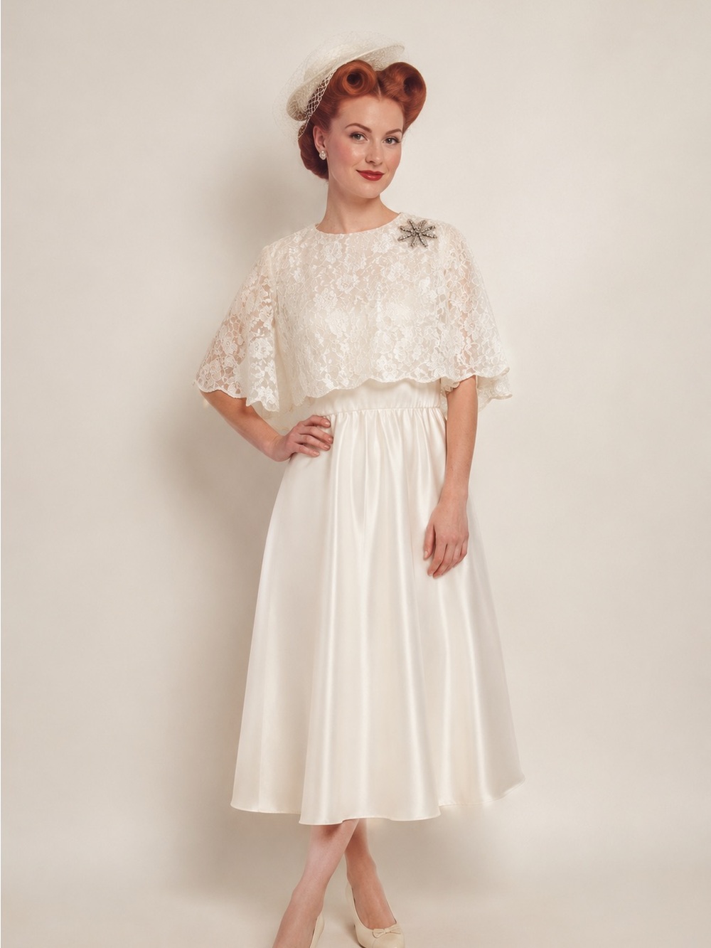 MIKE BENET VTG 70s White Lace Chiffon Satin Cape Wedding Dress Prom Gown SZ S